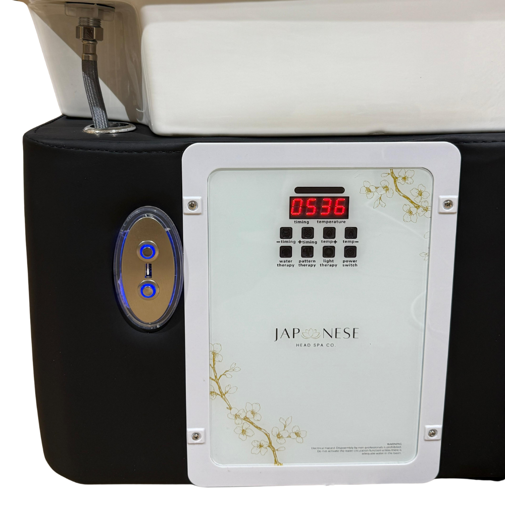 Japanski Head Spa Black Full krevet s nogućim spa priključkom – s električnim naslonom za leđa (uključujući parnik, kapuljaču za parnik i 2 grijača vode)