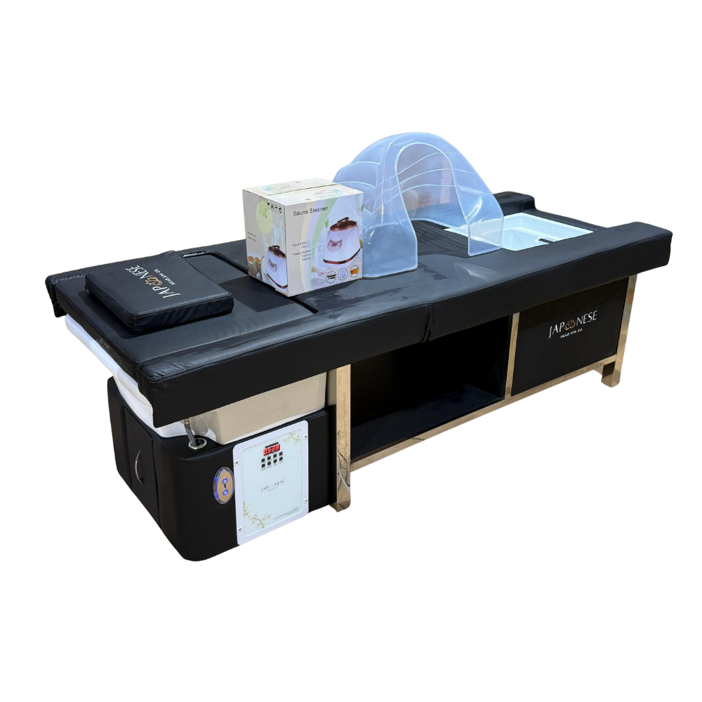 Japanski Head Spa Black Full krevet s nogućim spa priključkom – s električnim naslonom za leđa (uključujući parnik, kapuljaču za parnik i 2 grijača vode)