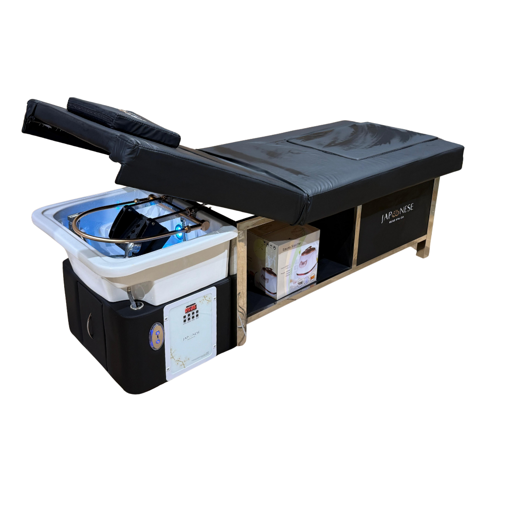 Japanski Head Spa Black Full krevet s nogućim spa priključkom – s električnim naslonom za leđa (uključujući parnik, kapuljaču za parnik i 2 grijača vode)